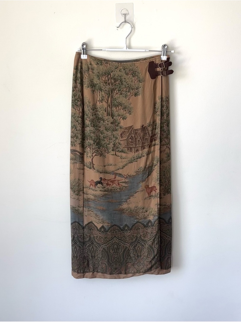 Vintage Ralph Lauren Country Scene Wool Wrap Skirt Size 4 Dog Cabin Fox Hunt